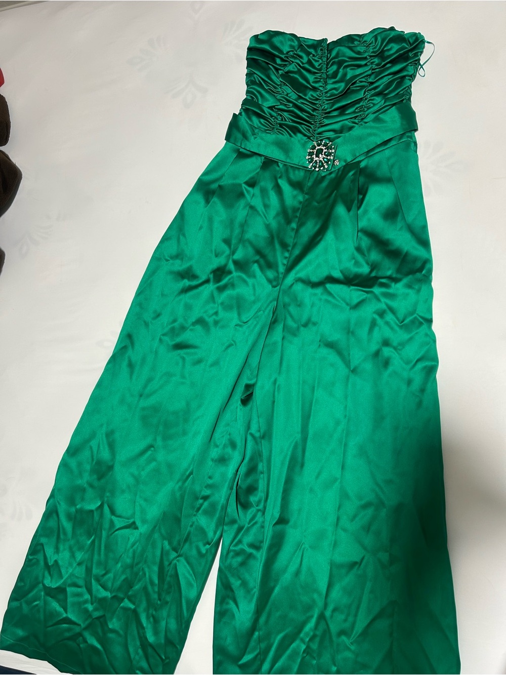 Strapless Satin Jumpsuit in Emerald Green